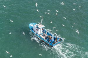 Fishing boat with birds overhead to illustrate asset maintenance management maritime