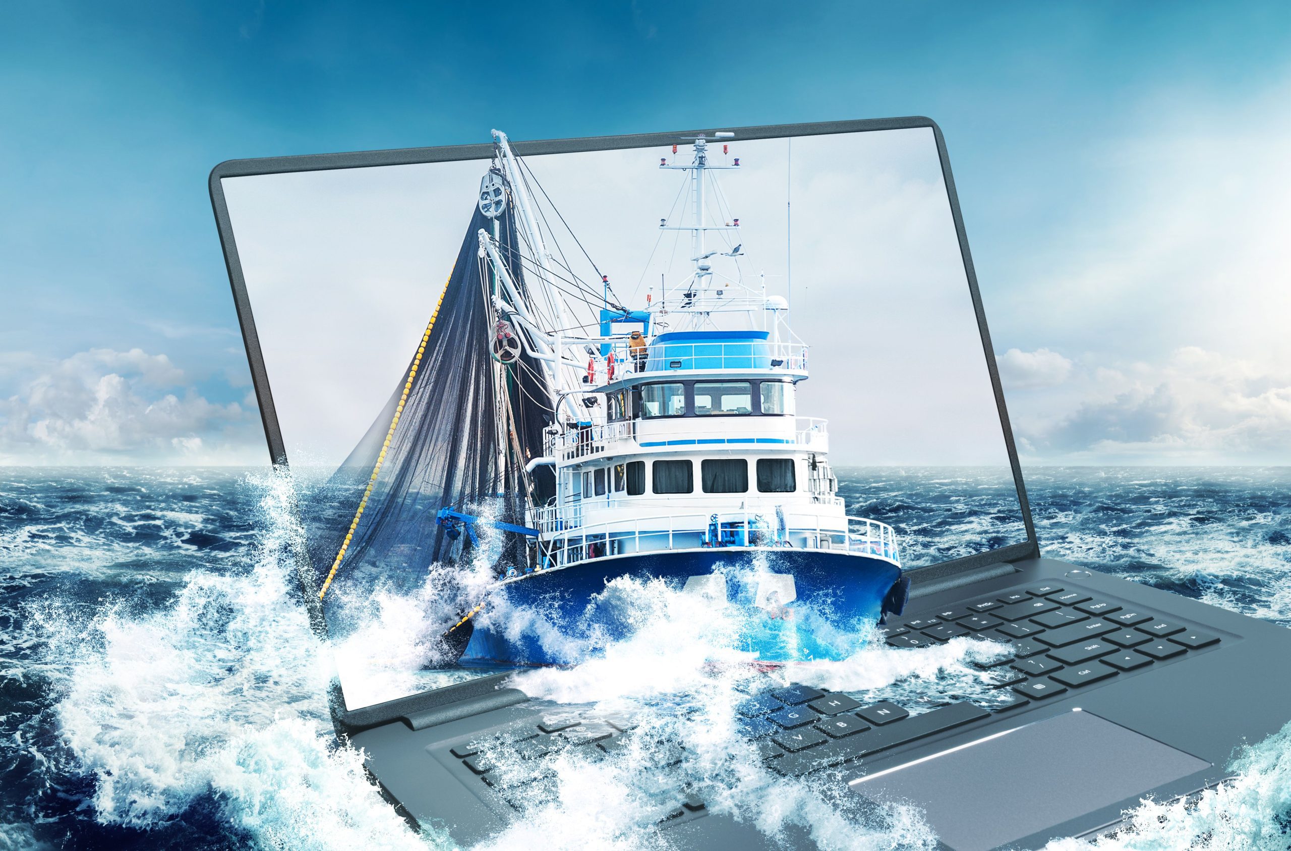 Fishing boat coming out of a laptop to illustrate remote asset management commercial maritime software