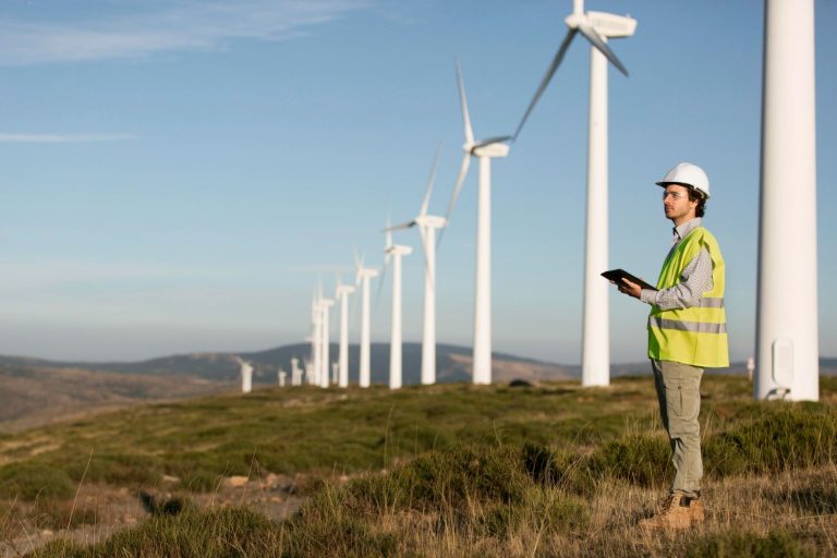 Ingeniero en un parque eólico para ilustrar el mantenimiento predictivo de los aerogeneradores