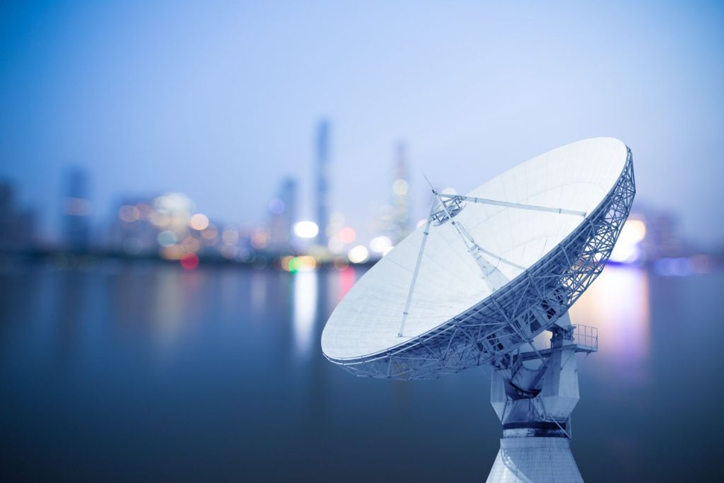 Satellite services dish to illustrate Eutelsat Oneweb's LEO connectivity for maritime