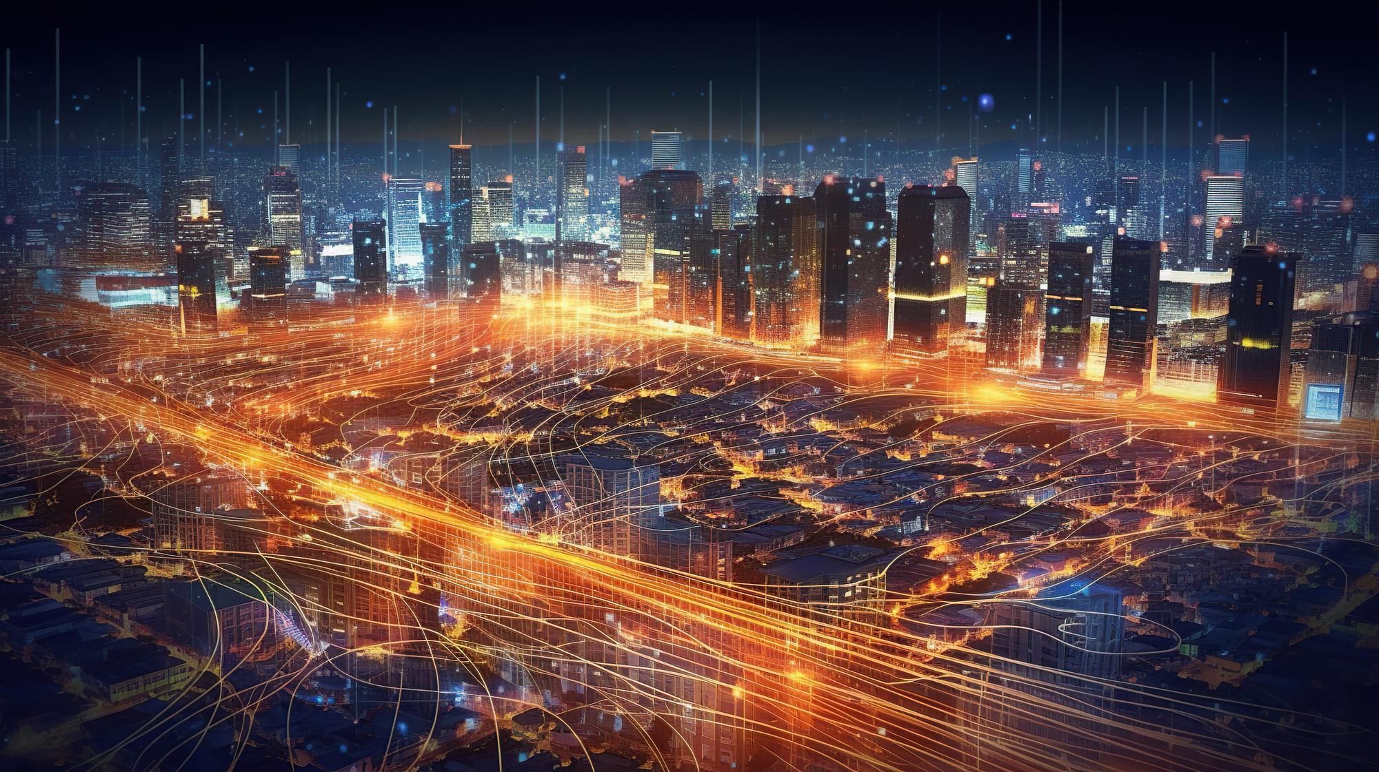 Digital photo of a city at night with energy beams overlayed to illustrate a blog on satellite internet broadband