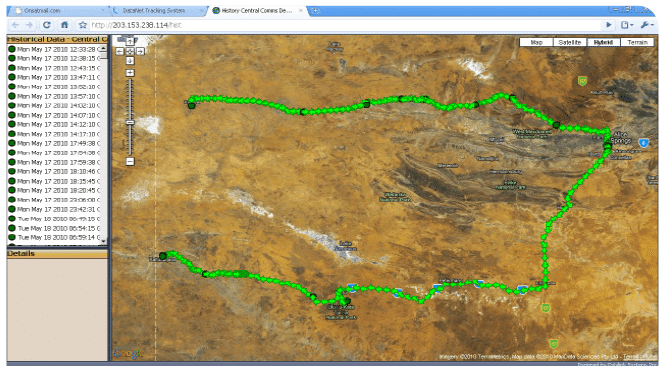 The above image shows the tracking report for the vehicle travelling from Kintore all the way through to Docker River