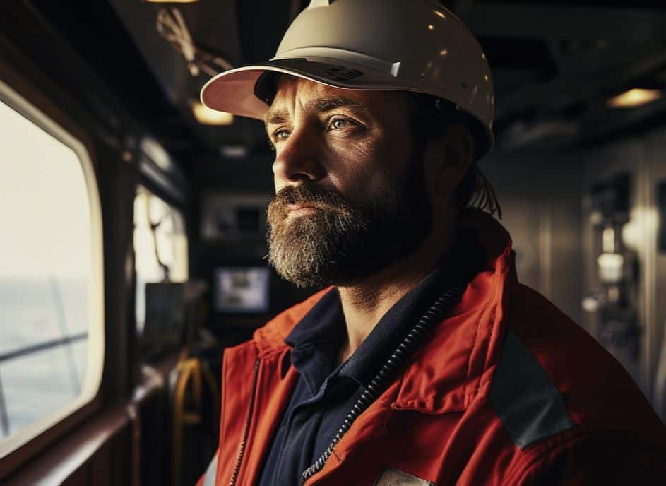 Image of a seafarer looking out the window on a container ship to highlight how VSAT can help crew welfare