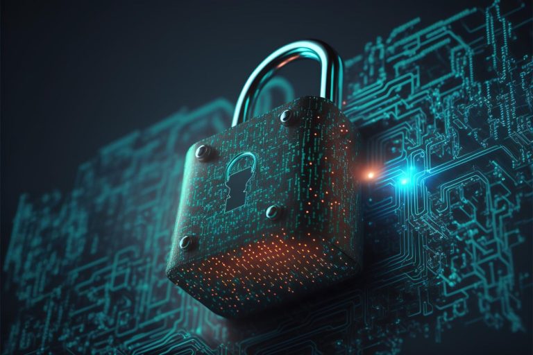 Candado digital en 3D para ilustrar la ciberseguridad y la red inalámbrica segura